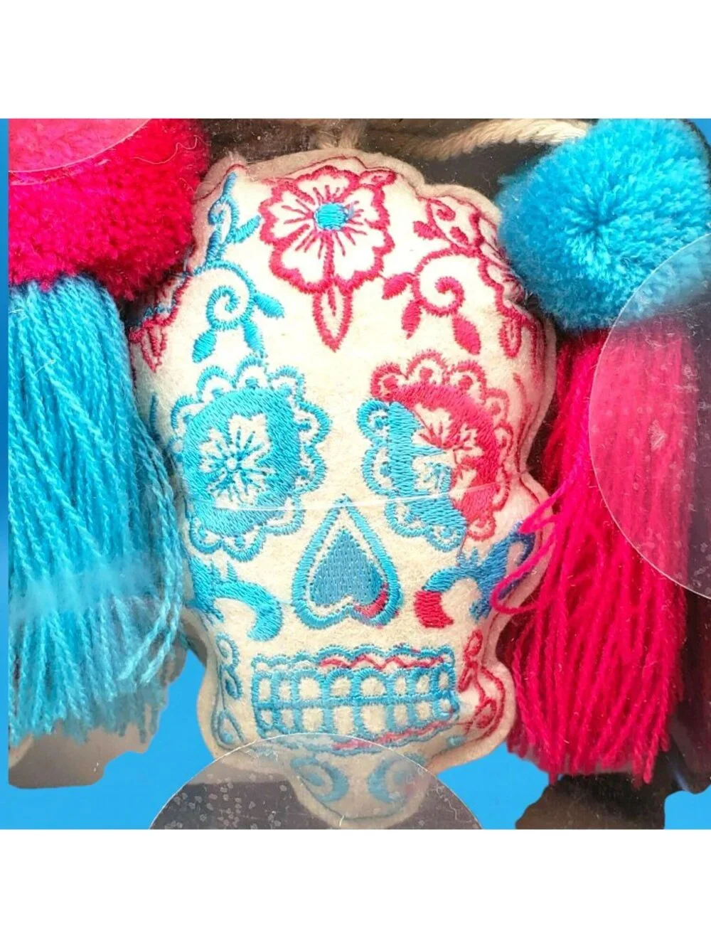 Sugar Skull Garland Day of the Dead Poms Poms Tassels Halloween Banner 7ft